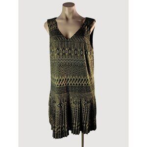 London Times Black Gold V Neck Sleeveless Pleated Dress Size 14 LBD Gatsby Deco